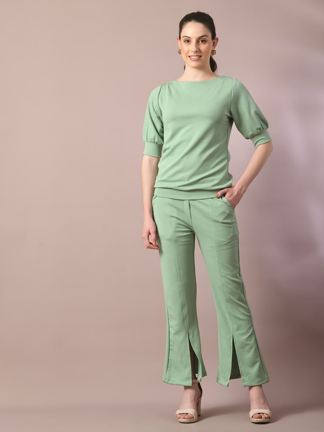 Women's  Sea Green Solid Boat Neck Party Top With Trousers Co-Ord Set  - Myshka