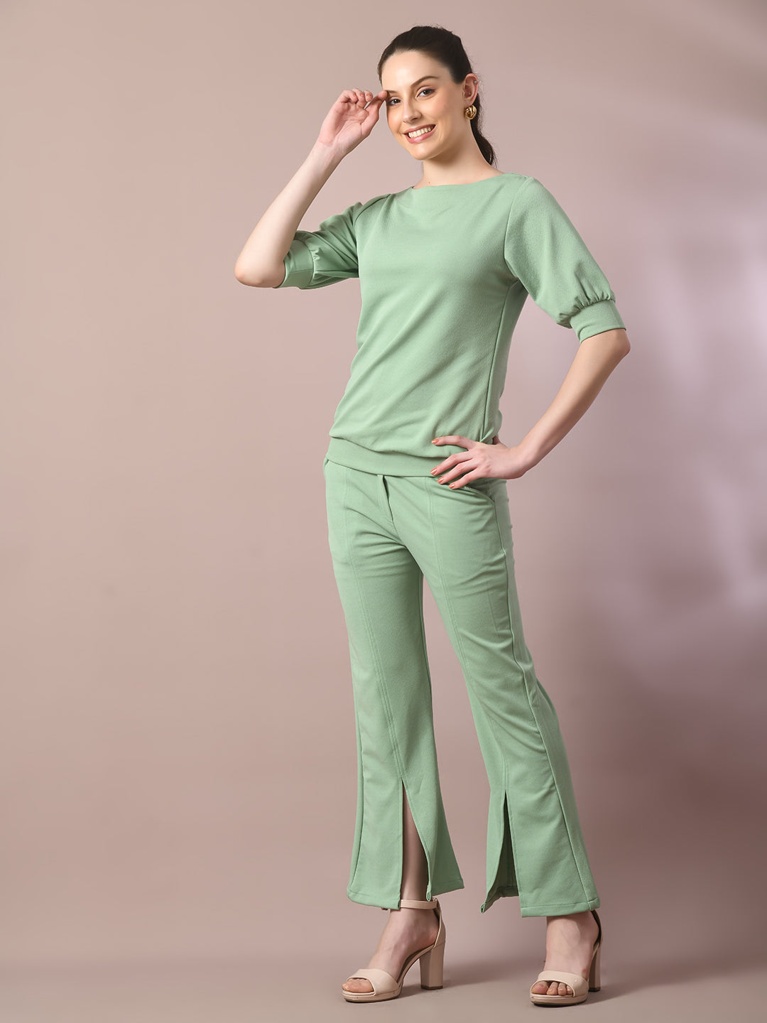 Women's  Sea Green Solid Boat Neck Party Top With Trousers Co-Ord Set  - Myshka