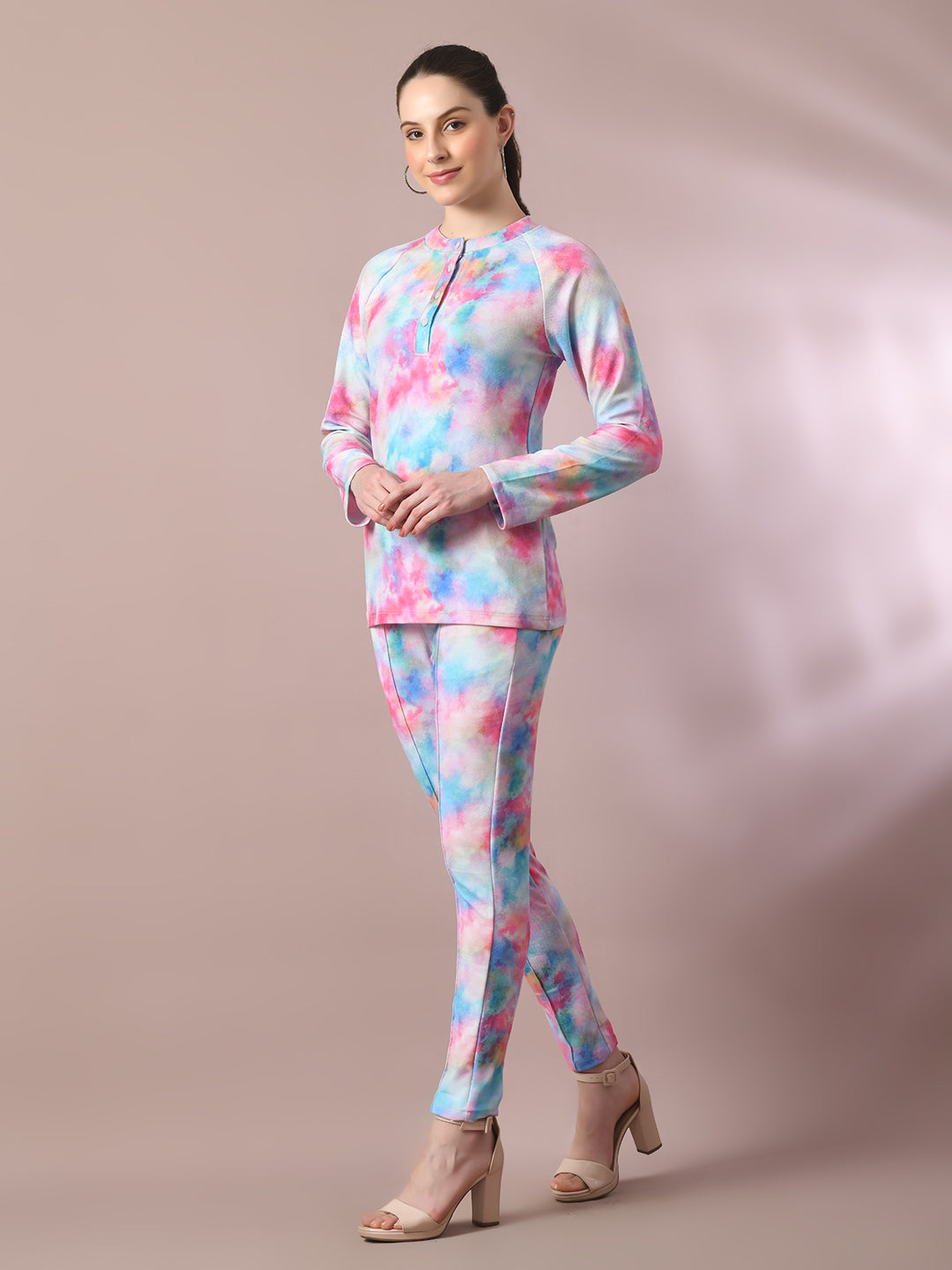 Women's  Multi Printed Round Neck Party Top With Trousers Co-Ord Set  - Myshka