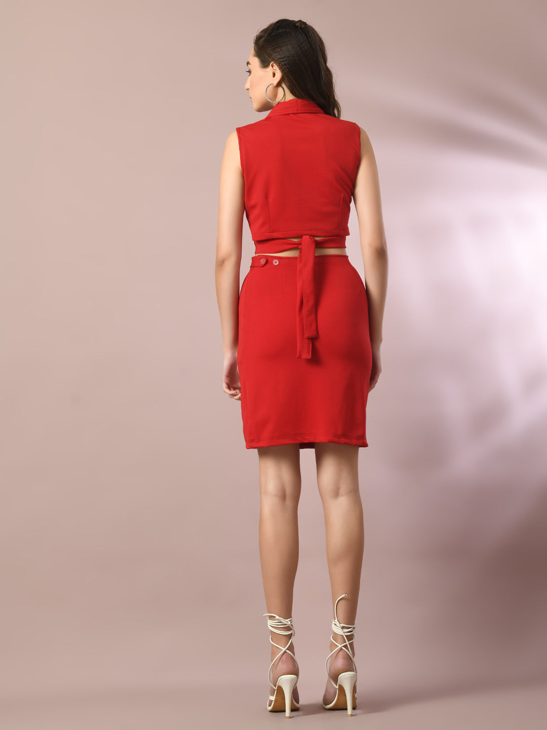Women's  Red Solid Shawl Neck Party Top With Skirt Co-Ord Set  - Myshka