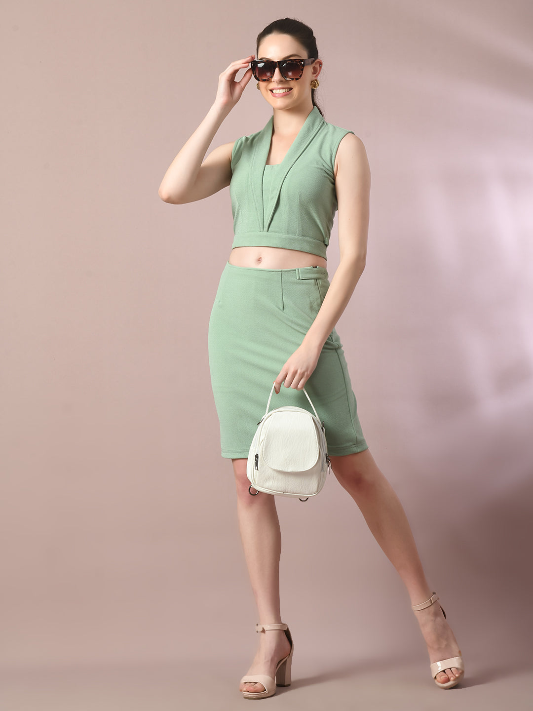 Women's  Sea Green Solid Shawl Neck Party Top With Skirt Co-Ord Set  - Myshka