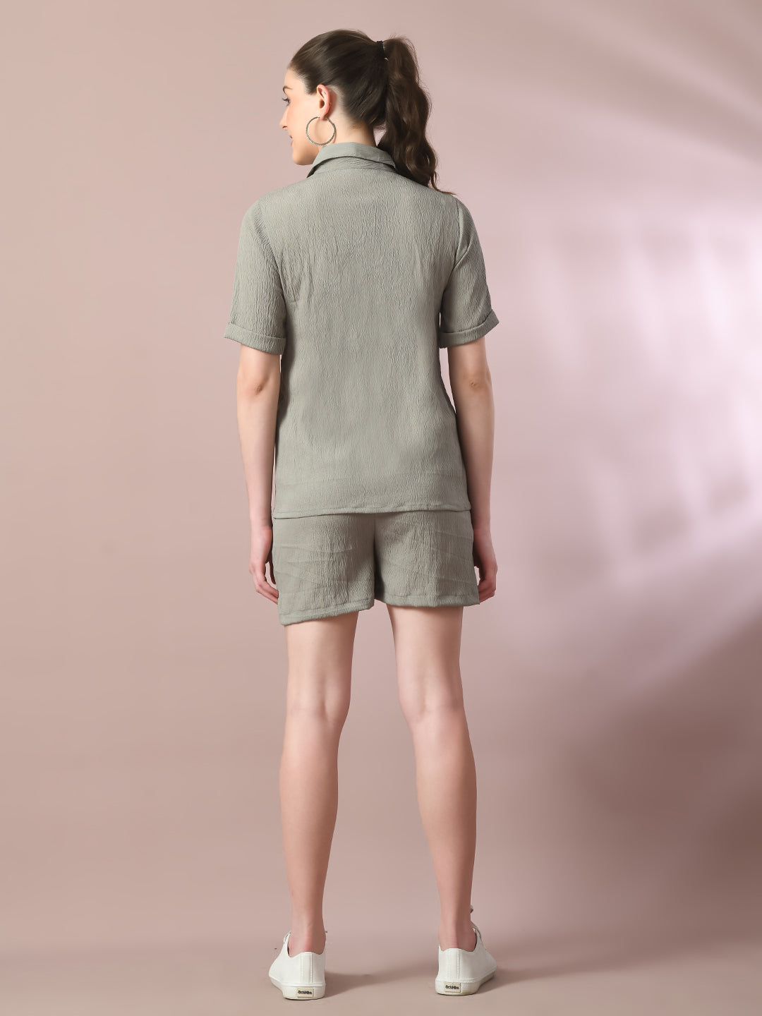 Women's  Grey Solid Shirt Collar Party Shirt With Shorts Co-Ord Set  - Myshka