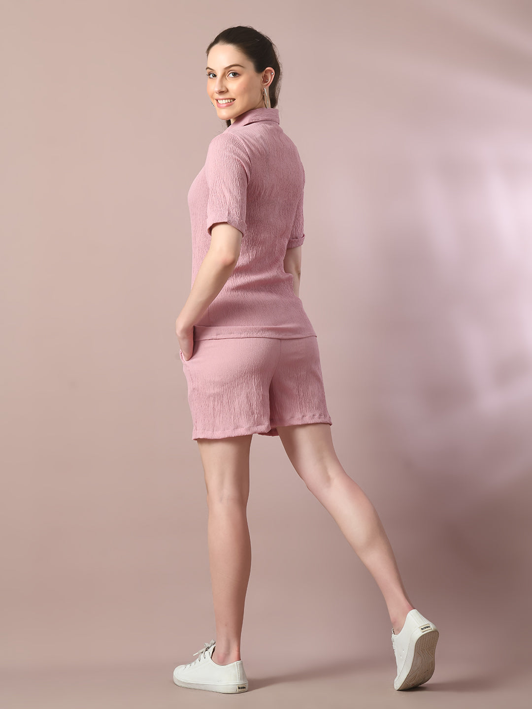 Women's  Pink Solid Shirt Collar Party Shirt With Shorts Co-Ord Set  - Myshka