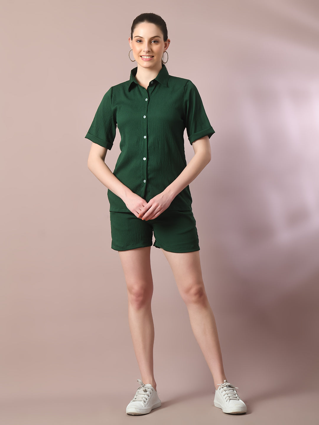 Women's  Green Solid Shirt Collar Party Shirt With Shorts Co-Ord Set  - Myshka