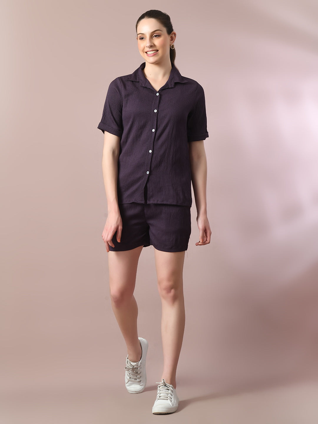 Women's  Violet Solid Shirt Collar Party Shirt With Shorts Co-Ord Set  - Myshka