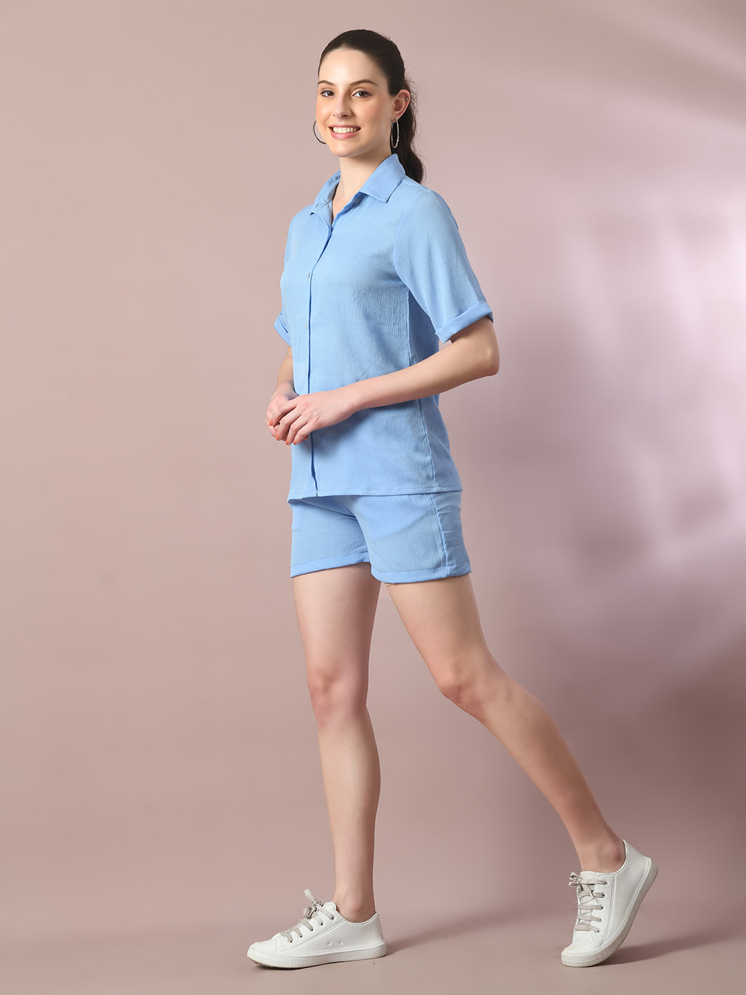 Women's  Blue Solid Shirt Collar Party Shirt With Shorts Co-Ord Set  - Myshka