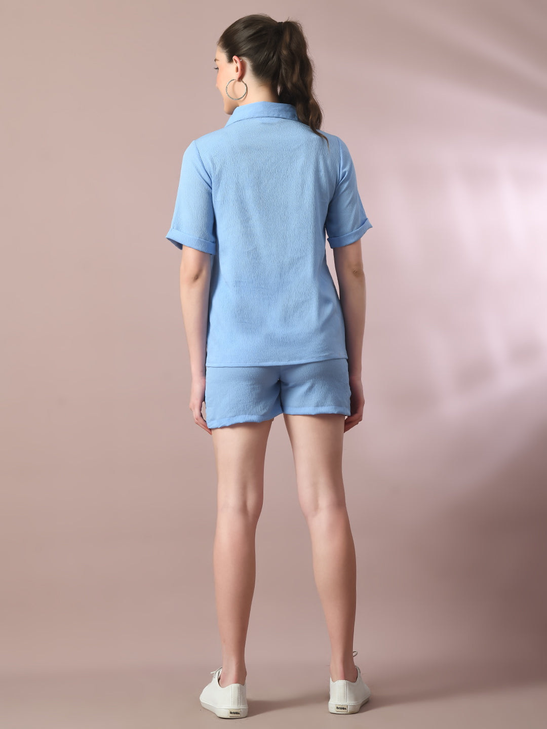 Women's  Blue Solid Shirt Collar Party Shirt With Shorts Co-Ord Set  - Myshka