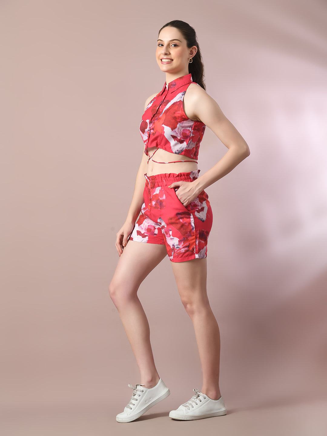 Women's  Multi Printed Shirt Collar Party Top With Shorts Co-Ord Set  - Myshka