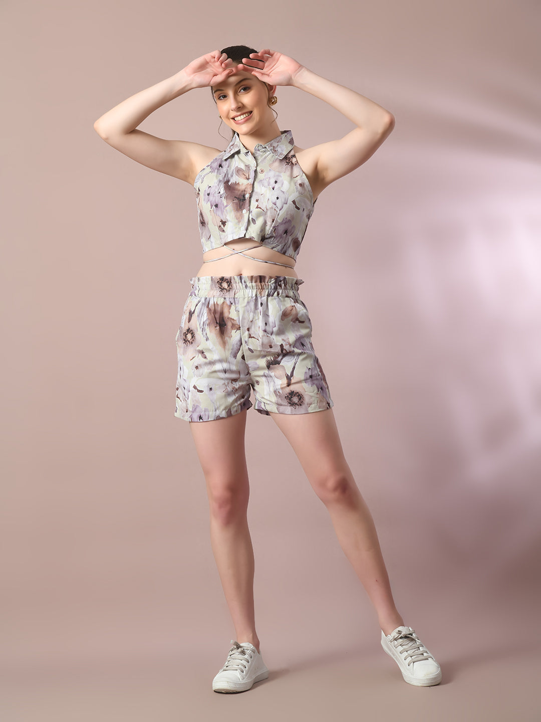 Women's  Multi Printed Shirt Collar Party Top With Shorts Co-Ord Set  - Myshka