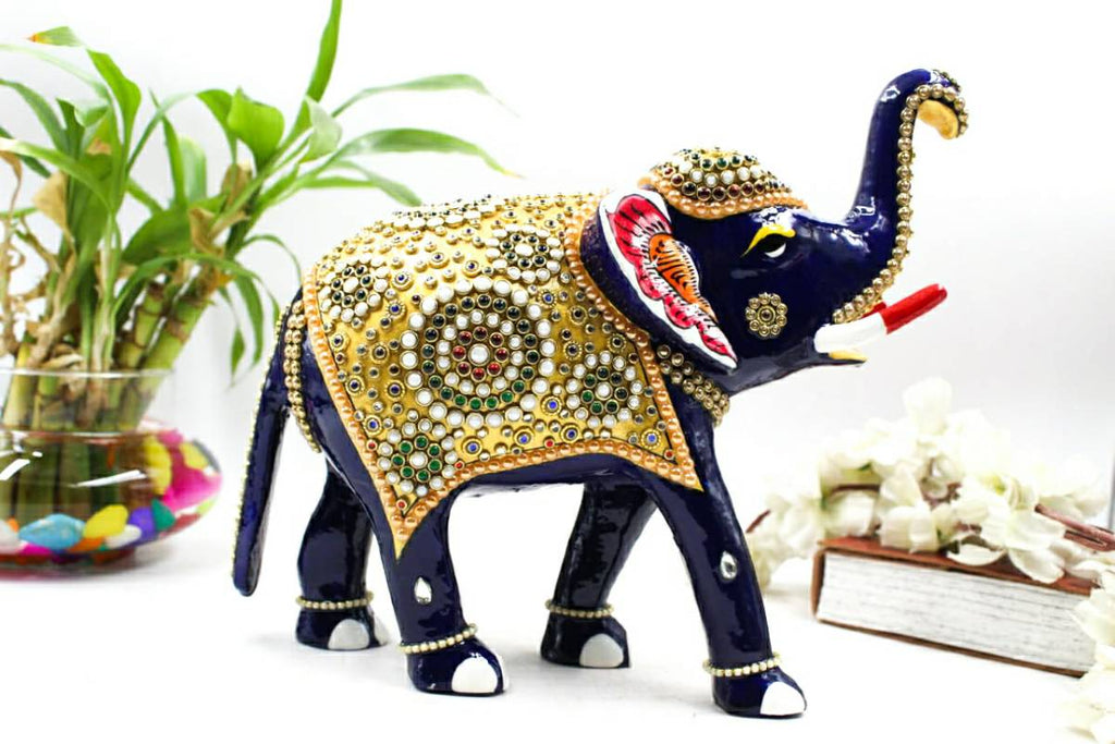 Metal Elephant Idol 8 Inch | Meenakari Jewellery Stone Painting