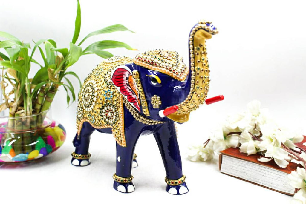 10" Metal Elephant Idol with Meenakari Jewellery Stone Painting | Handcrafted Décor Figurine