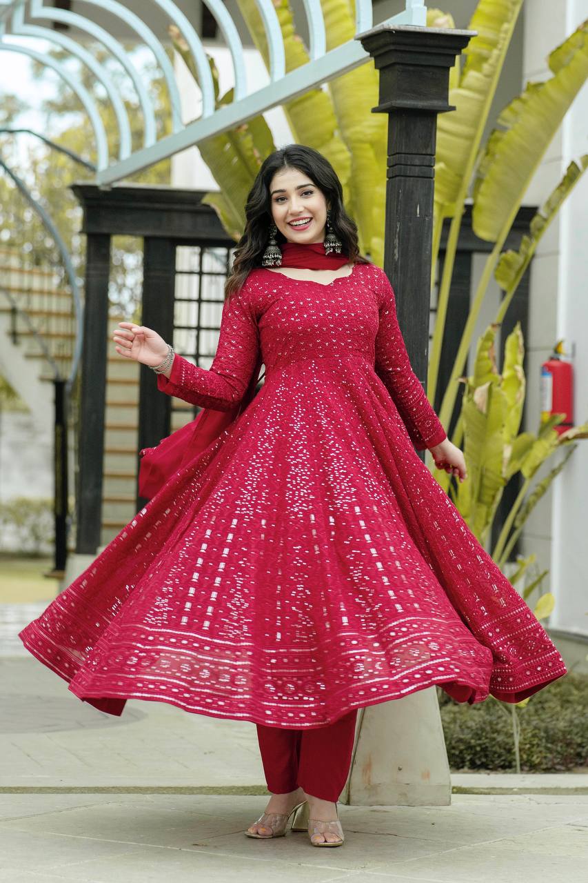 cute anarkali dress Sky Blue Georgette Anarkali Gown With Mirror Work Party Wedding Dress