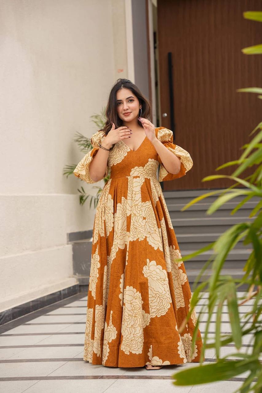 Women's Multi Color Muslin Digital Print Anarkali Gown With Pant Mustard / L | Trendia Global Women's Multi Color Muslin Digital Print Anarkali Gown With Pant Mustard / L | Trendia Global