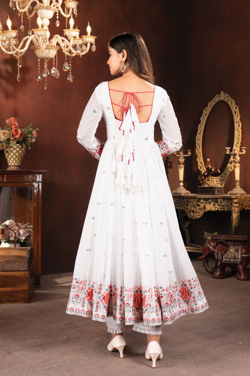 Women's White Faux Georgette Embroidered Anarkali Kurta Pant With Dupa Trendia Women's White Faux Georgette Embroidered Anarkali Kurta Pant With Dupa Trendia