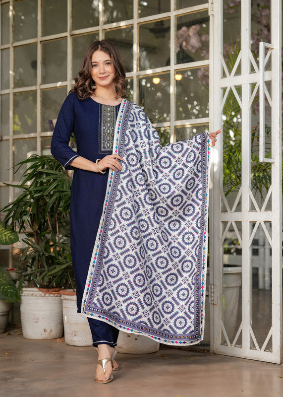 Women's Viscose Rayon Embroidery Straight Kurta With Pant And Dupatta Sets