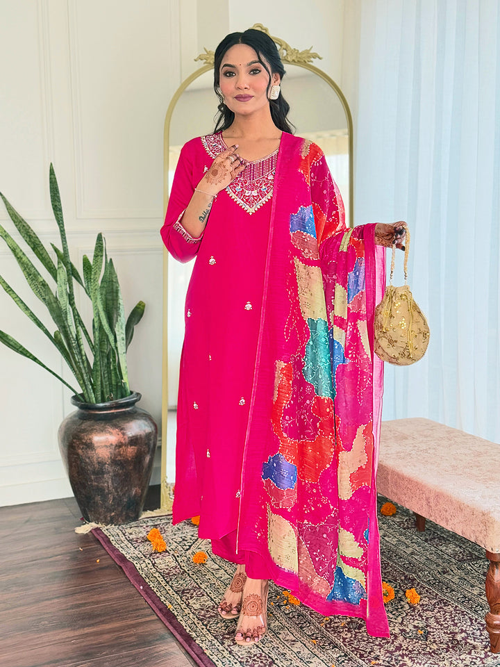 Women's Pink Viscose Chanderi Embroidered Straight Round Kurta Set