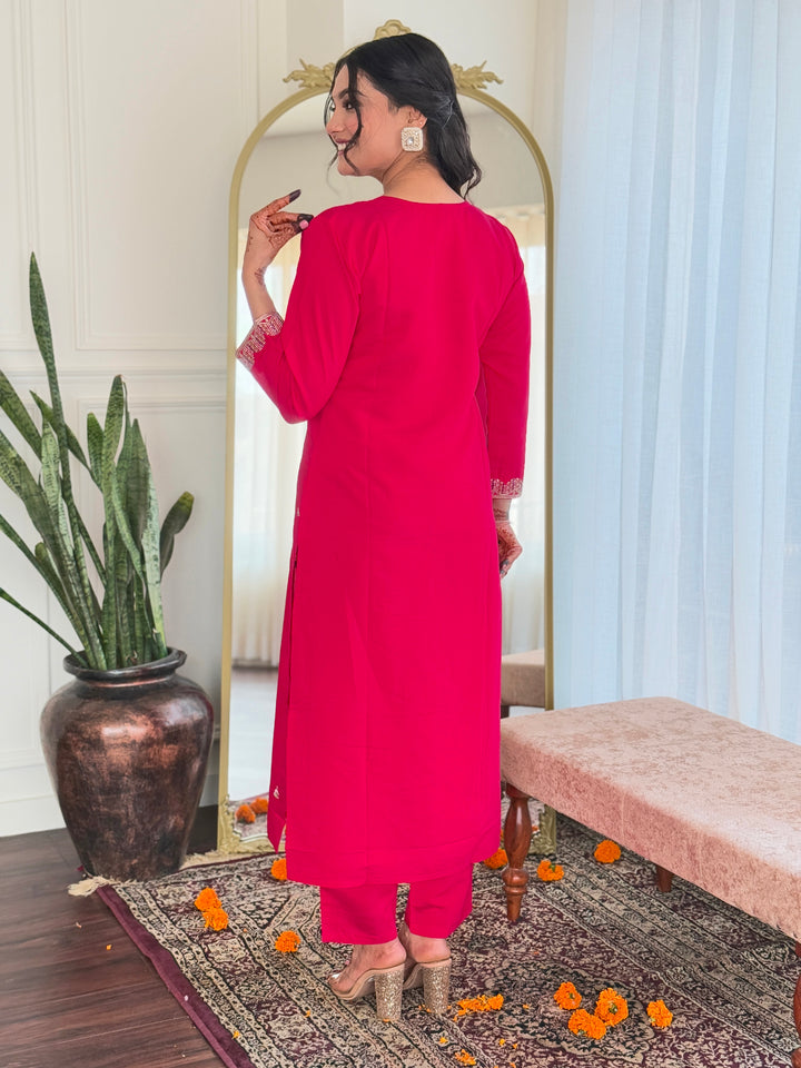 Women's Pink Viscose Chanderi Embroidered Straight Round Kurta Set