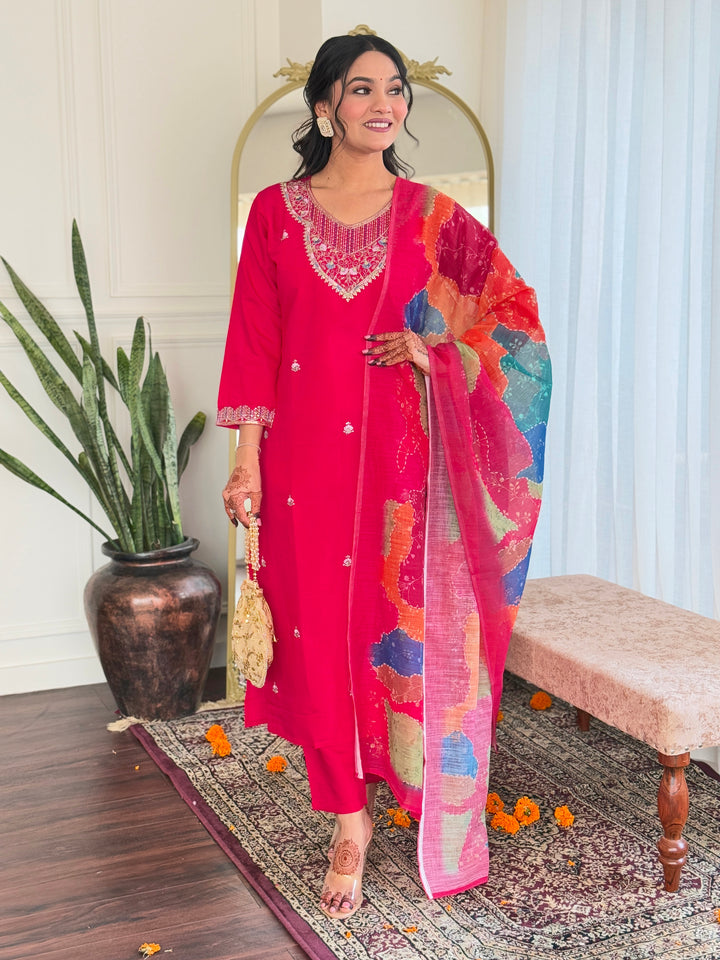 Women's Pink Viscose Chanderi Embroidered Straight Round Kurta Set