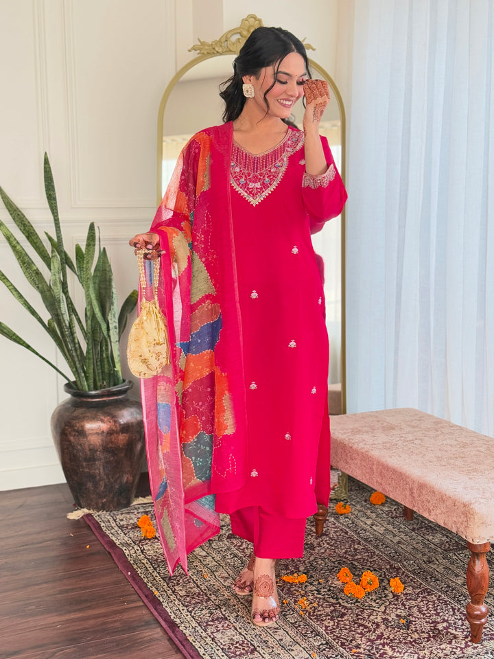 Women's Pink Viscose Chanderi Embroidered Straight Round Kurta Set