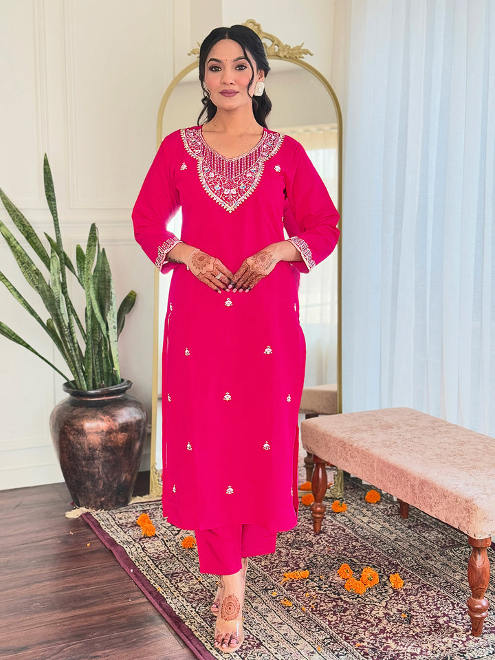 Women's Pink Viscose Chanderi Embroidered Straight Round Kurta Set