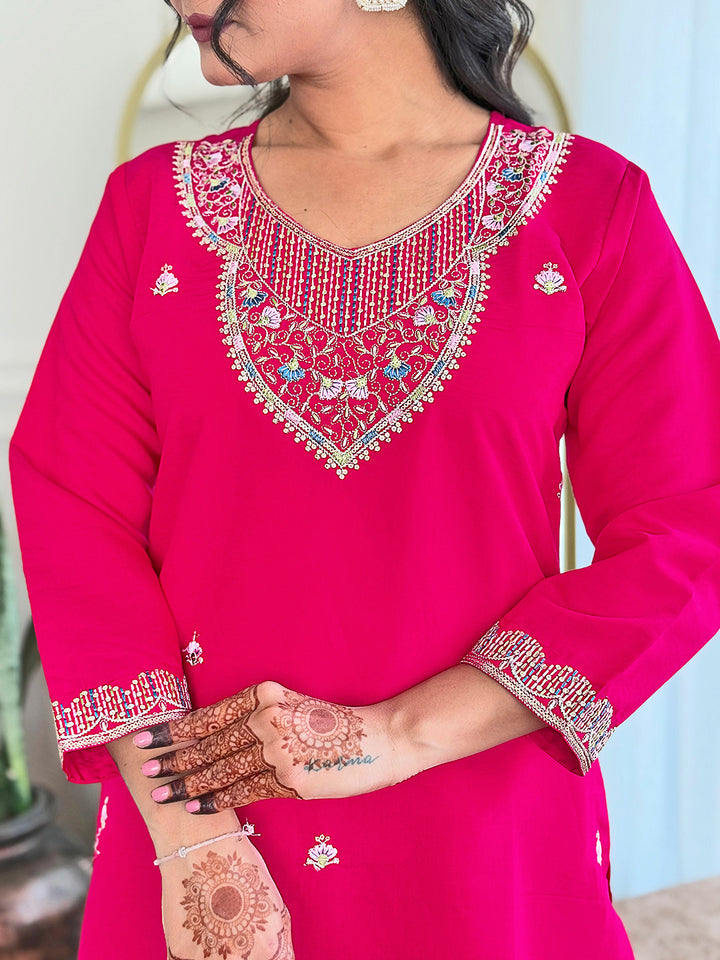 Women's Pink Viscose Chanderi Embroidered Straight Round Kurta Set