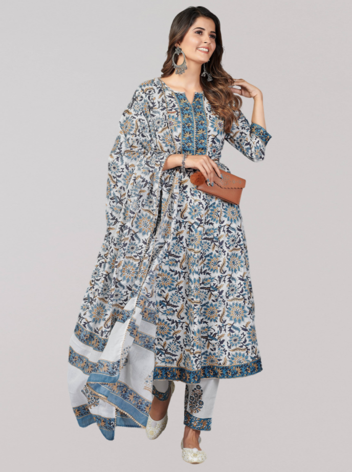 Women's Blue Anarkali Cotton Kurta With Pant & Dupatta By Vbuyz (3