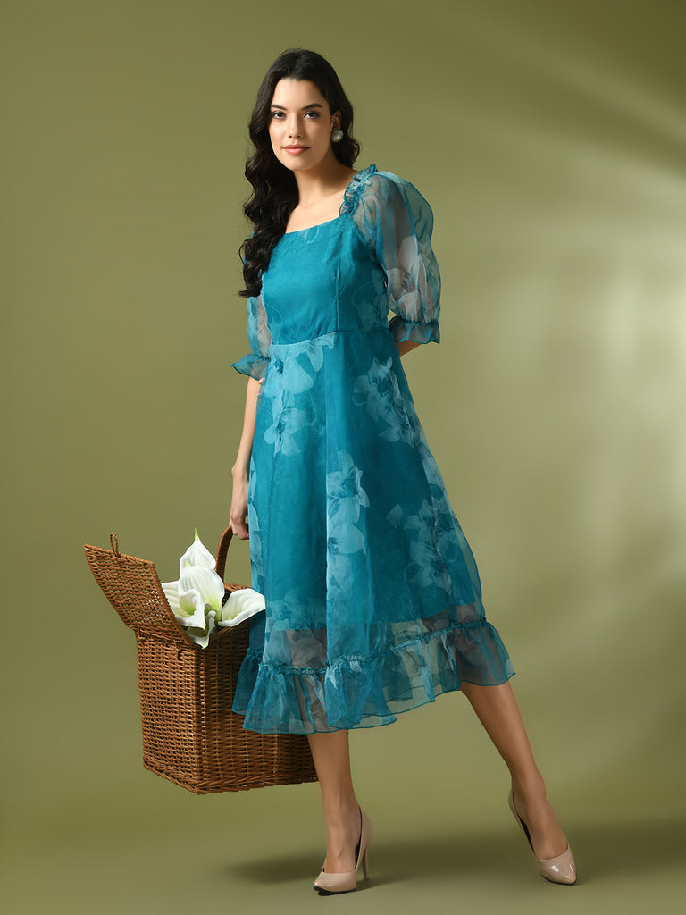 Women's  Teal Printed Square Neck Fit And Flare Party Dress