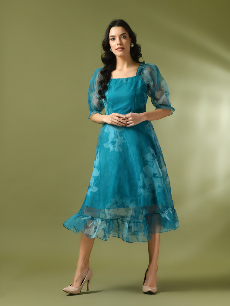 Women's  Teal Printed Square Neck Fit And Flare Party Dress