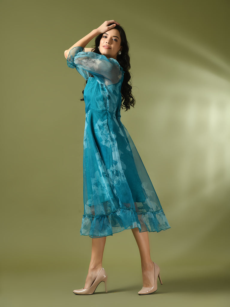 Women's  Teal Printed Square Neck Fit And Flare Party Dress