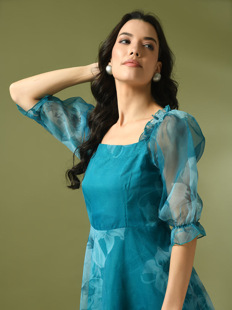 Women's  Teal Printed Square Neck Fit And Flare Party Dress
