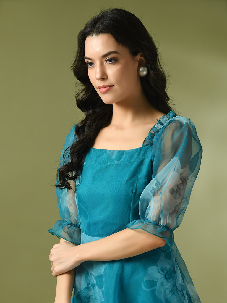 Women's  Teal Printed Square Neck Fit And Flare Party Dress