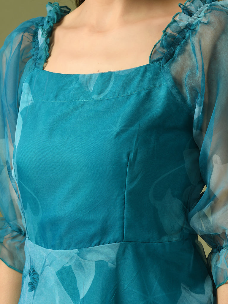 Women's  Teal Printed Square Neck Fit And Flare Party Dress