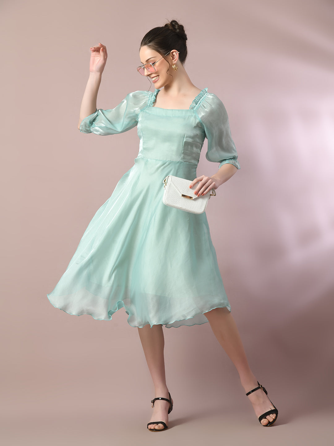 Women's Sea Green Solid Square Neck Fit And Flare Party Dress Trendia Women's Sea Green Solid Square Neck Fit And Flare Party Dress Trendia