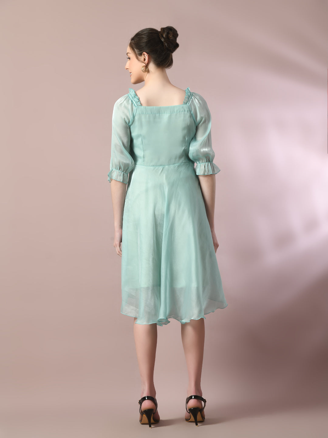 Women's  Sea Green Solid Square Neck Fit And Flare Party Dress  - Myshka