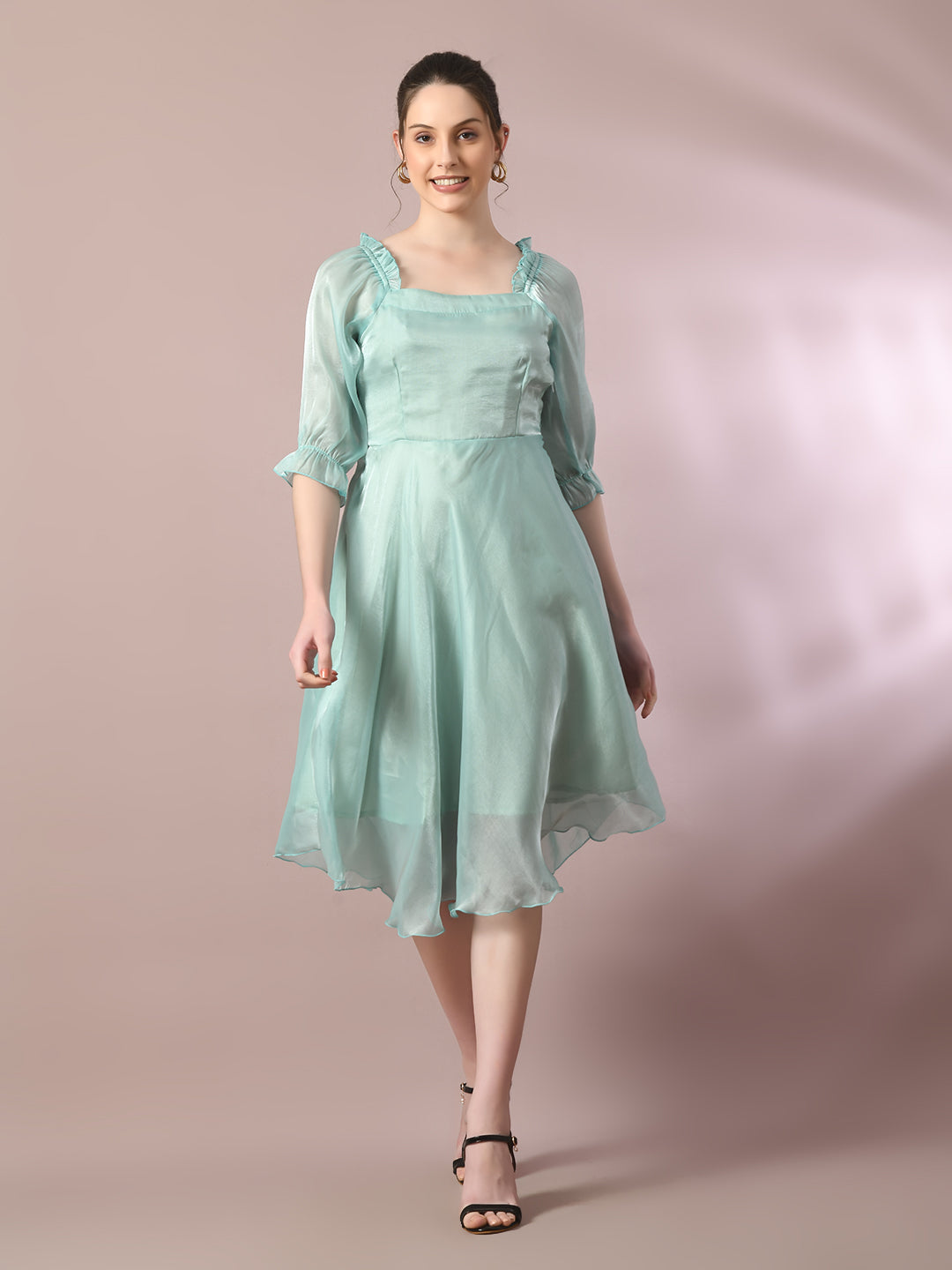 Women's  Sea Green Solid Square Neck Fit And Flare Party Dress  - Myshka