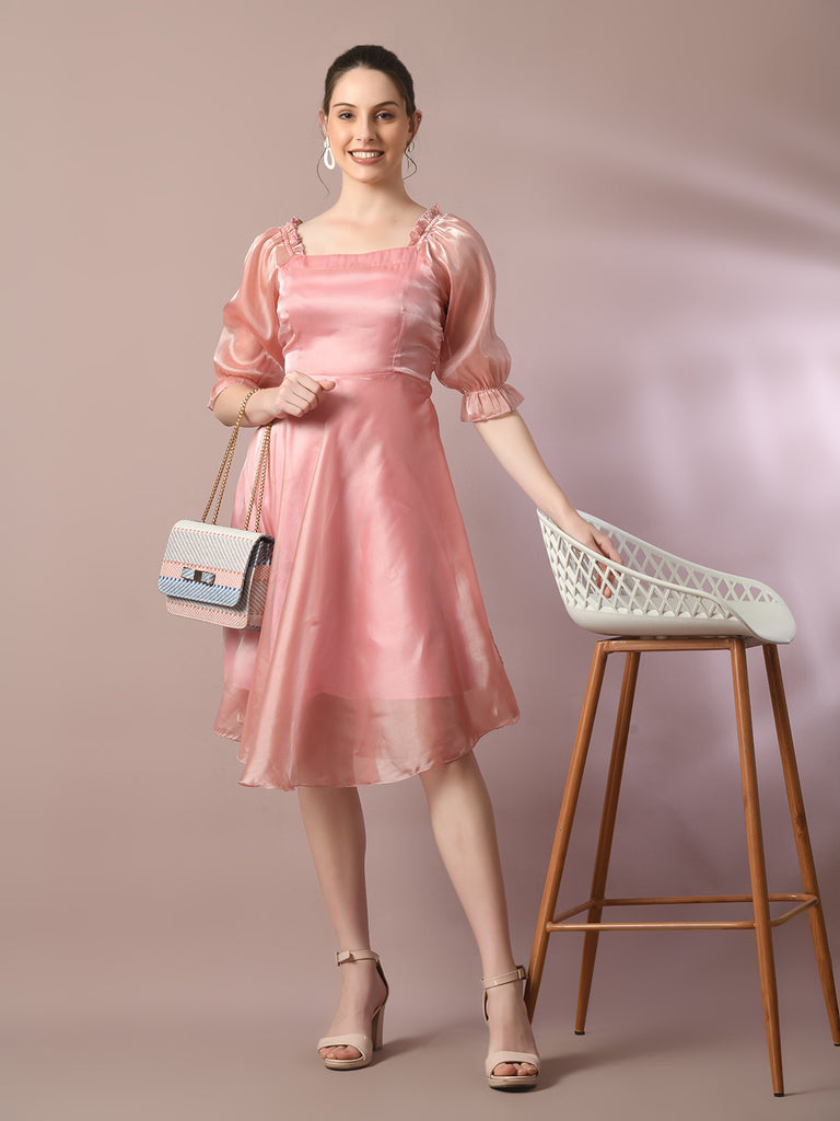 Women's  Pink Solid Square Neck Fit And Flare Party Dress