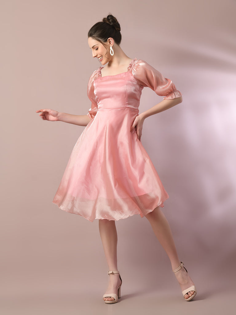 Women's  Pink Solid Square Neck Fit And Flare Party Dress