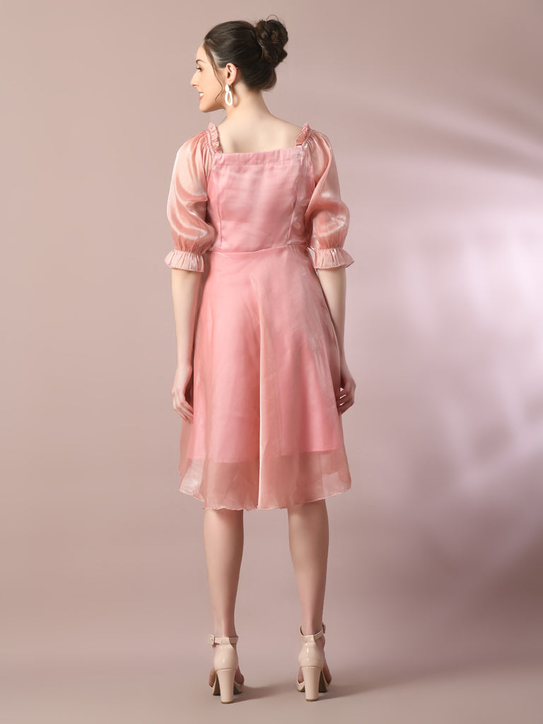 Women's  Pink Solid Square Neck Fit And Flare Party Dress