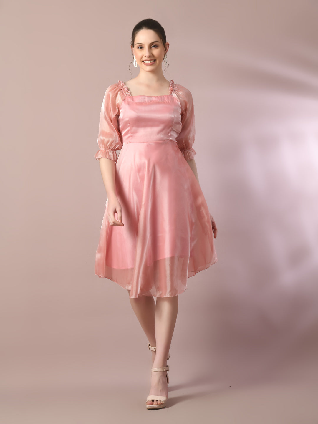 Women's  Pink Solid Square Neck Fit And Flare Party Dress  - Myshka