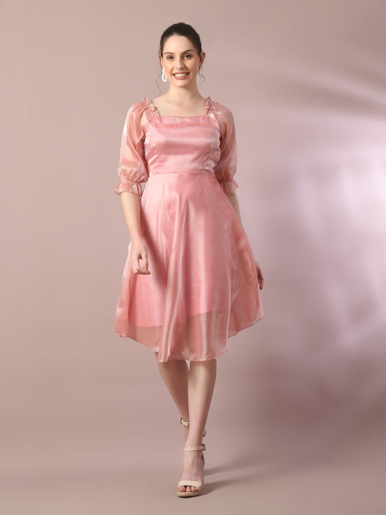 Women's  Pink Solid Square Neck Fit And Flare Party Dress