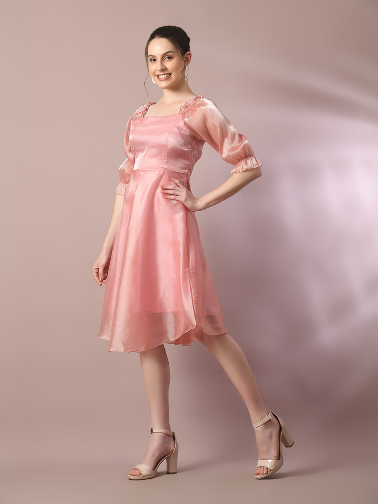 Women's  Pink Solid Square Neck Fit And Flare Party Dress