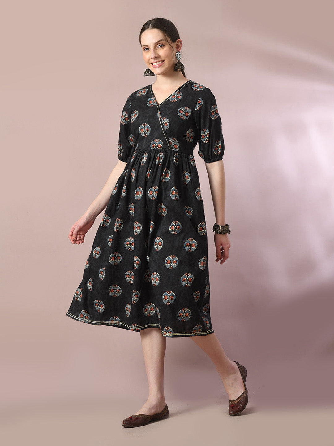 Women's  Black Printed Cotton V-Neck Empire Party Dress  - Myshka