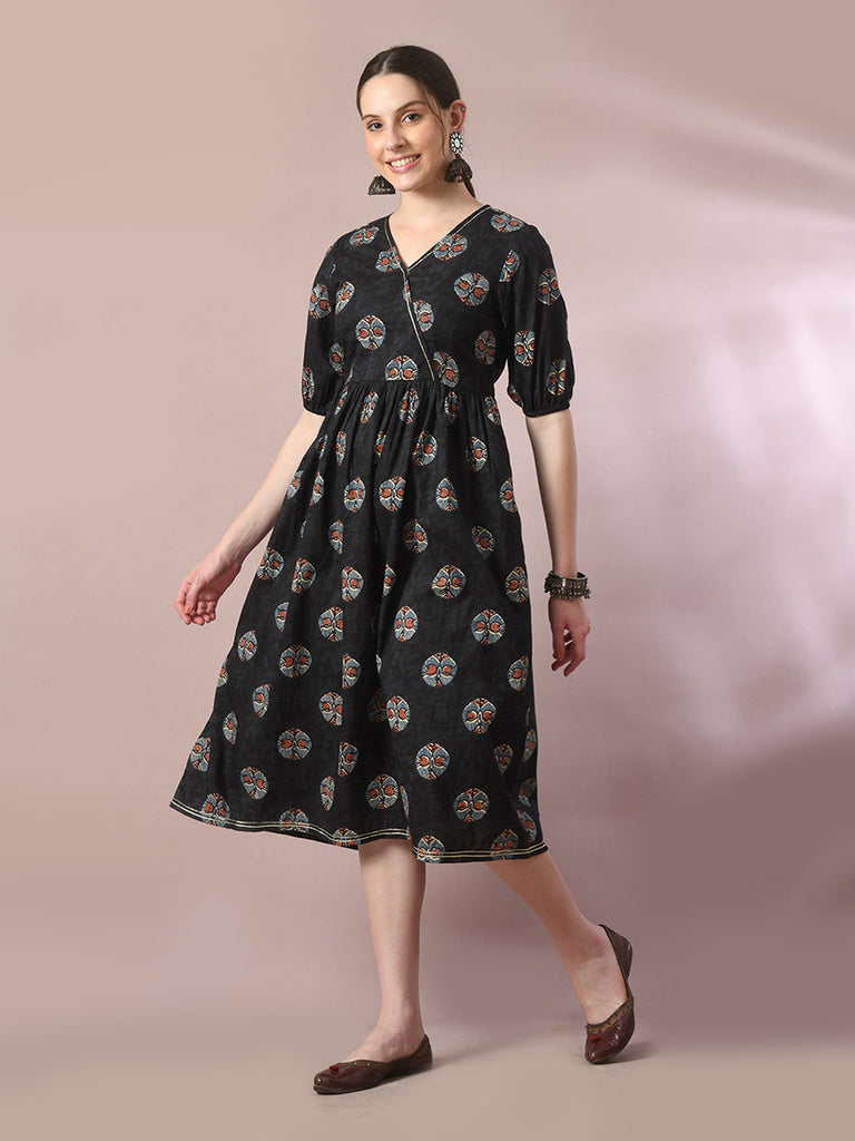 Women's  Black Printed Cotton V-Neck Empire Party Dress