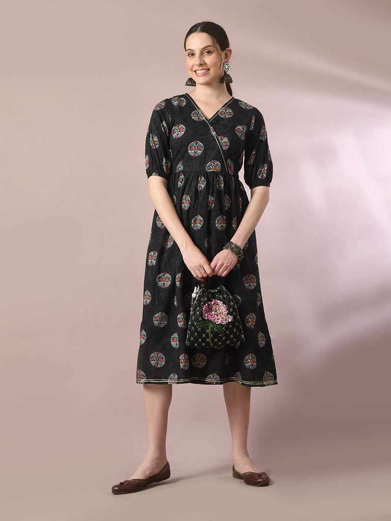Women's  Black Printed Cotton V-Neck Empire Party Dress