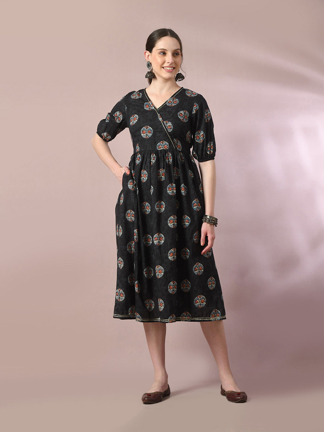 Women's  Black Printed Cotton V-Neck Empire Party Dress  - Myshka