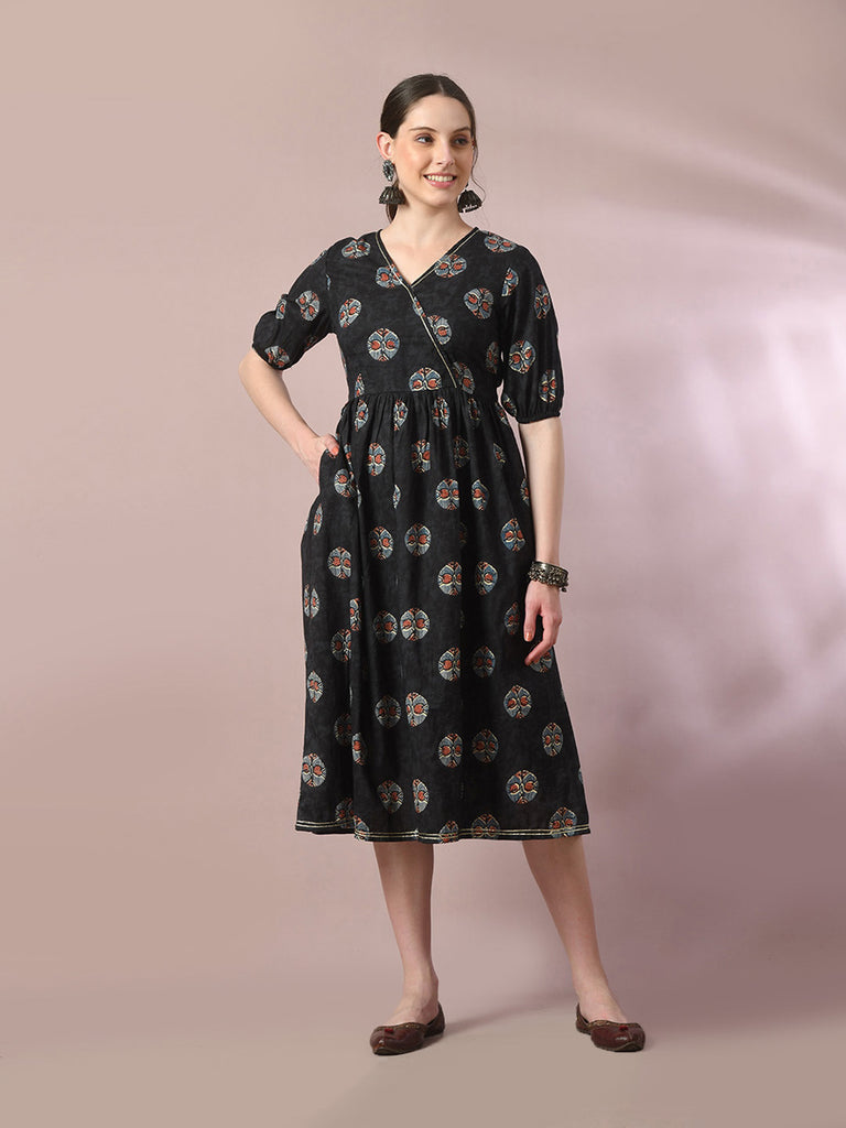 Women's  Black Printed Cotton V-Neck Empire Party Dress