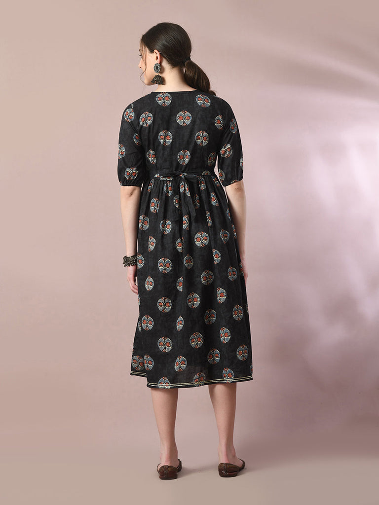 Women's  Black Printed Cotton V-Neck Empire Party Dress