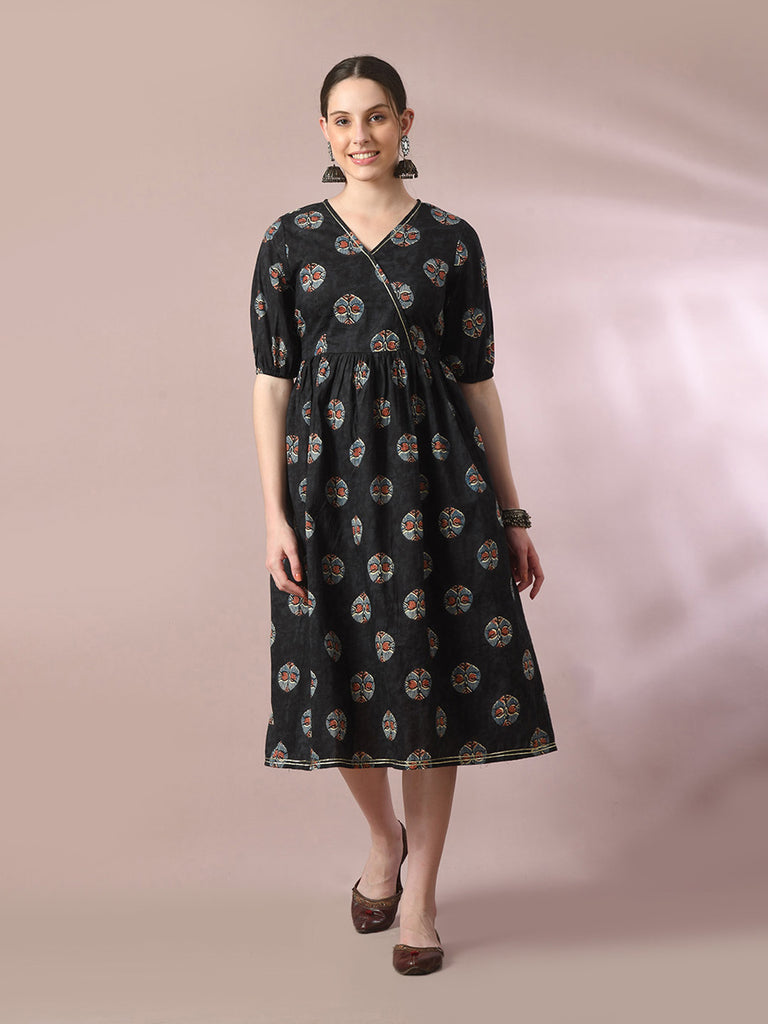 Women's  Black Printed Cotton V-Neck Empire Party Dress