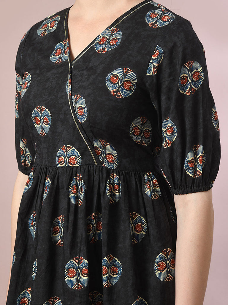 Women's  Black Printed Cotton V-Neck Empire Party Dress