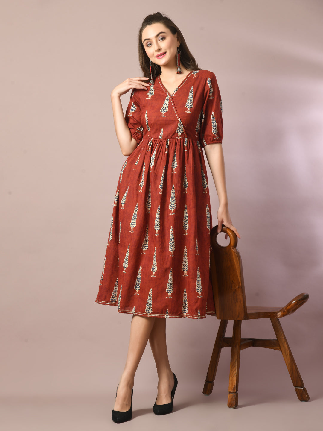 Women's  Rust Printed Cotton V-Neck Empire Party Dress  - Myshka